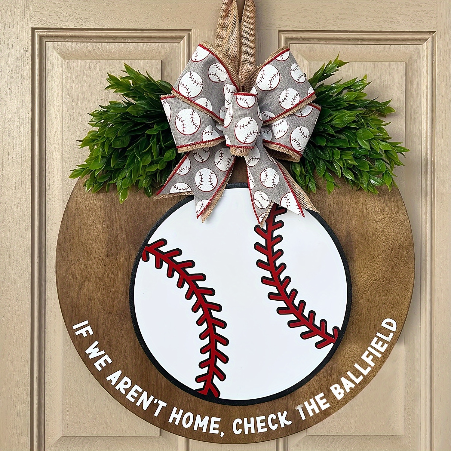 

1pc Welcome Baseball Wall Sign, Round Wooden Wall Art, Board Painting Plaque Pendant, For Door Farmhouse Festival Hanging Decoration, For Window Yard Garden Bar Home Room Office Decor