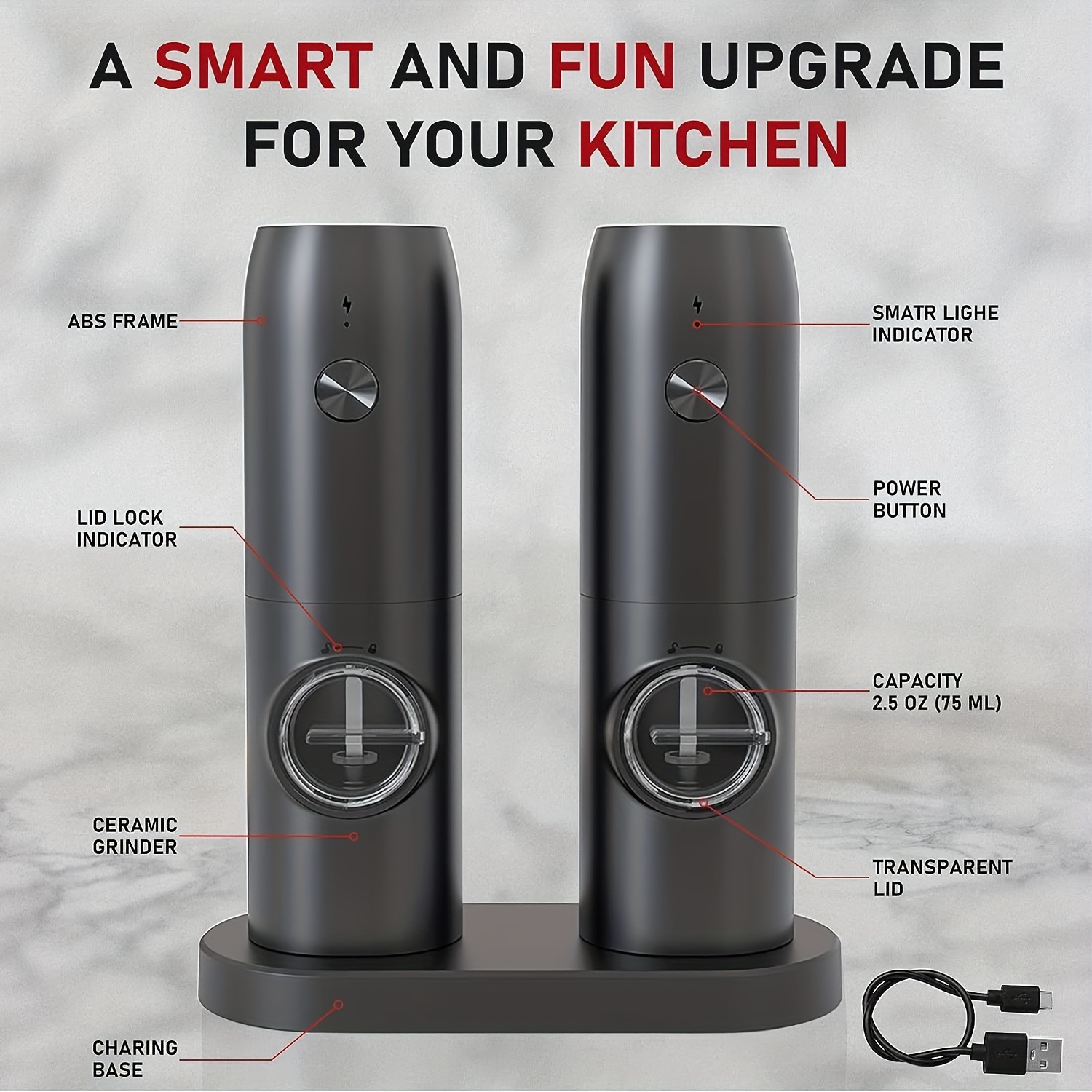 Electric Salt and Pepper Grinder Set of 2,automatic pepper mill,USB  rechargeable,Adjustable Coarseness,One-handed operation,ceramic