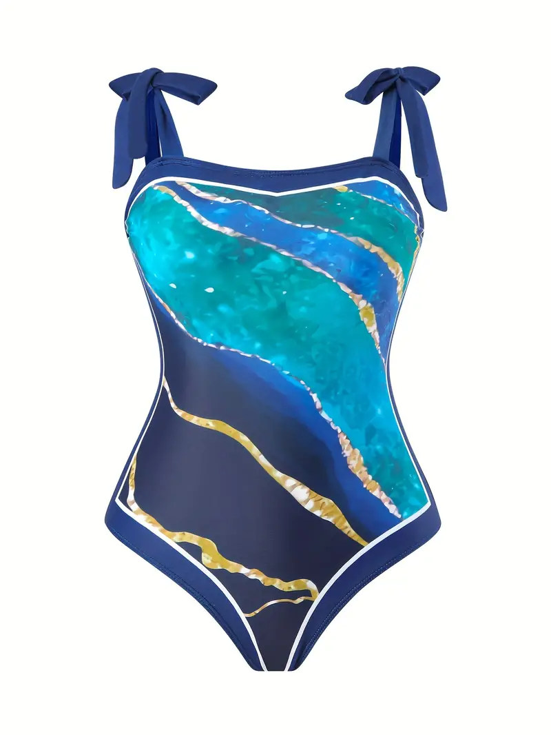 Blue Marble Print Contrast Trim Swimsuits Tie Shoulder - Temu