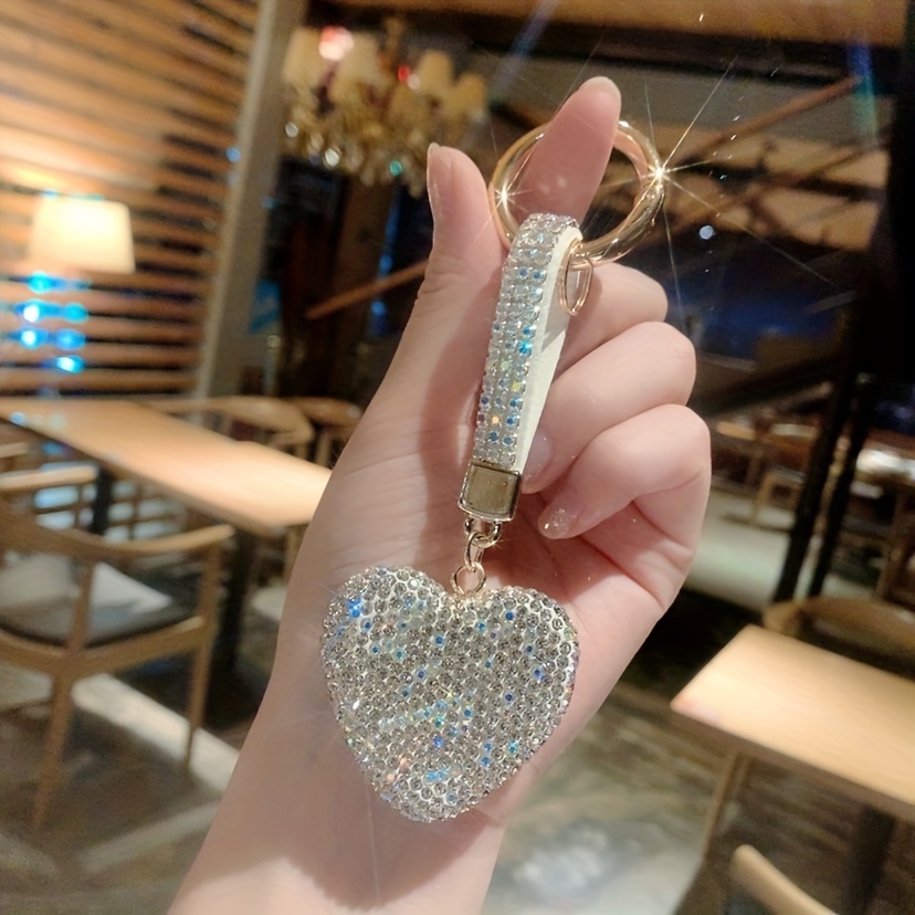 creative clay potted full rhinestone rope peach heart key chain love female bag pendant car key chain pendant accessories white 8