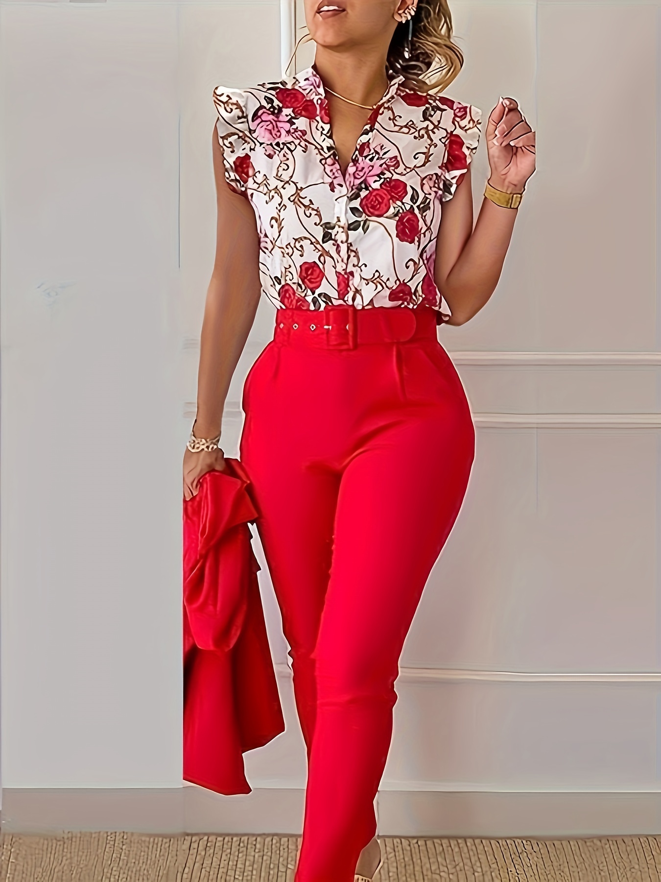 Casual Spring Summer Two piece Set Floral Print Ruffle Trim - Temu