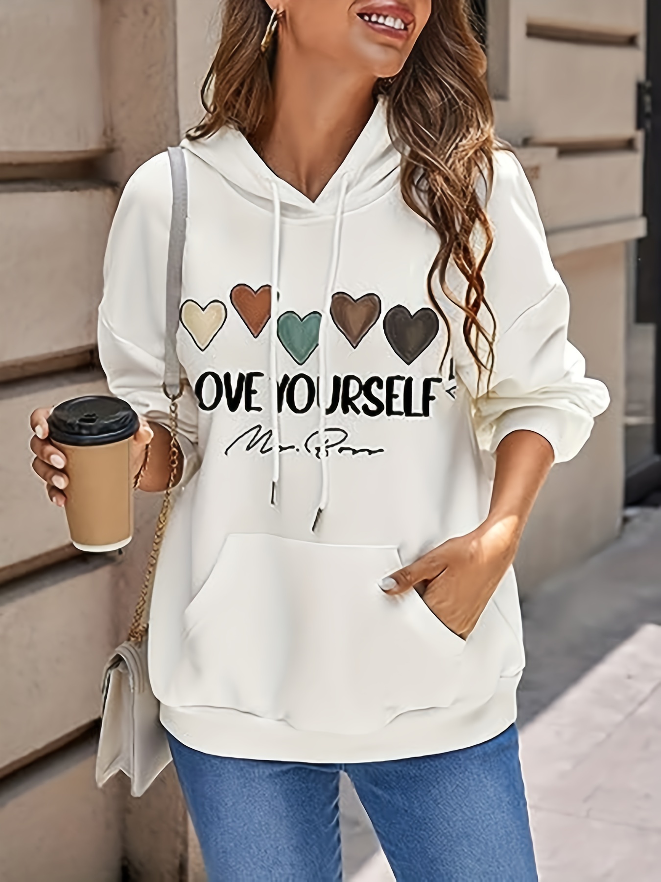 Sudadera Con Capucha Con Cordón Y Estampado De Corazones Y Letras, Sudadera  Informal Con Capucha Y Bolsillo Canguro De Manga Larga, Ropa De Mujer -  Temu Chile