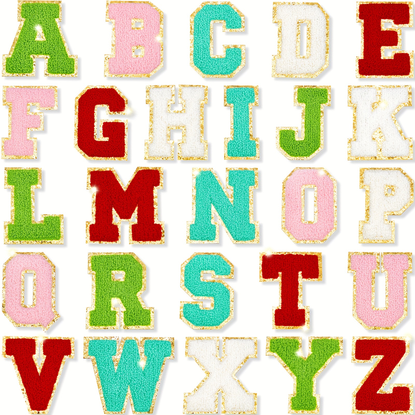 Letter Patches Varsity Chenille Iron On Letters Patchs For Clothing , 4pcs  English Letter R With Gold Glitters Border, Alphabet Sewing Appliques (pink