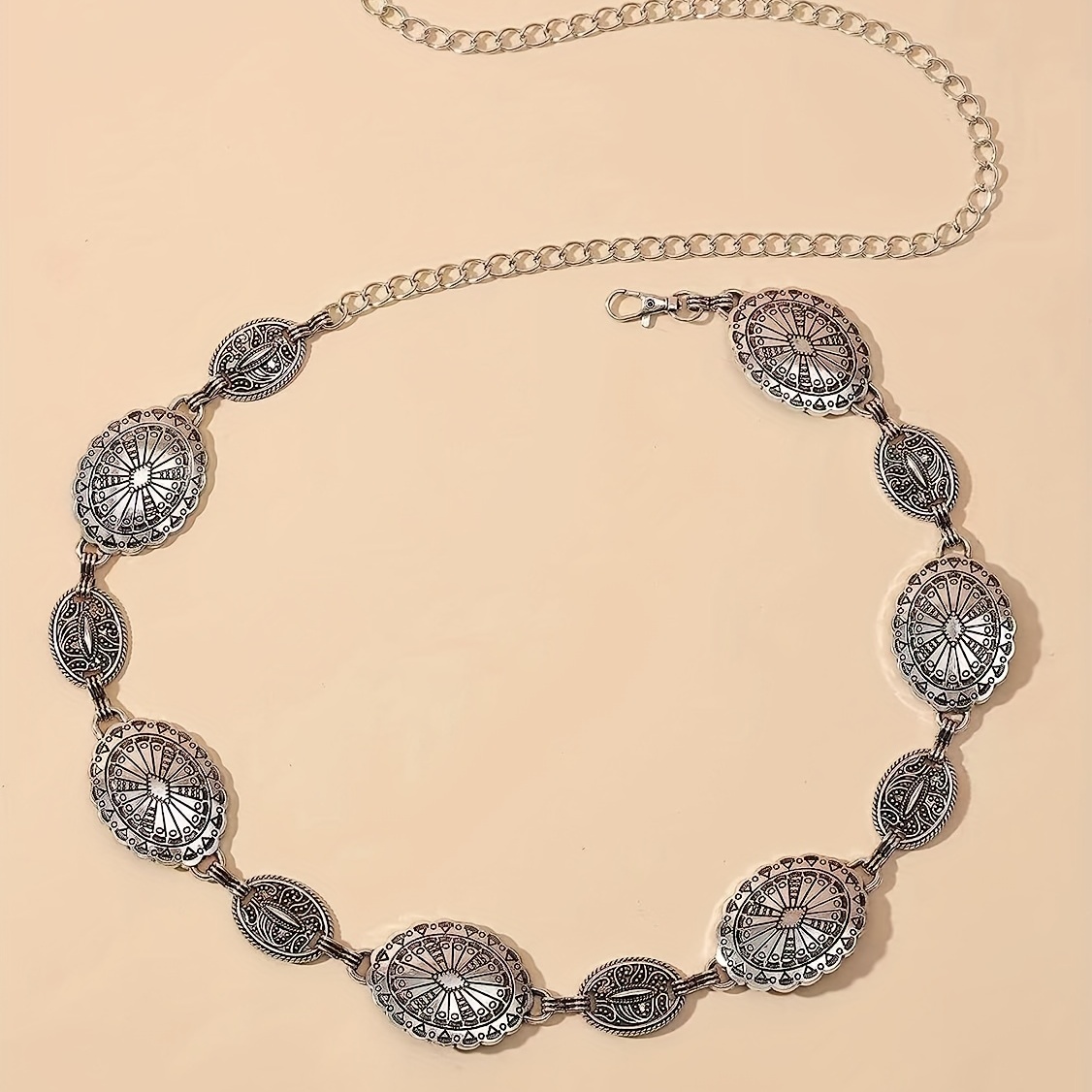 boho oval engraved waist chain vintage metal chain belt  display picture 3