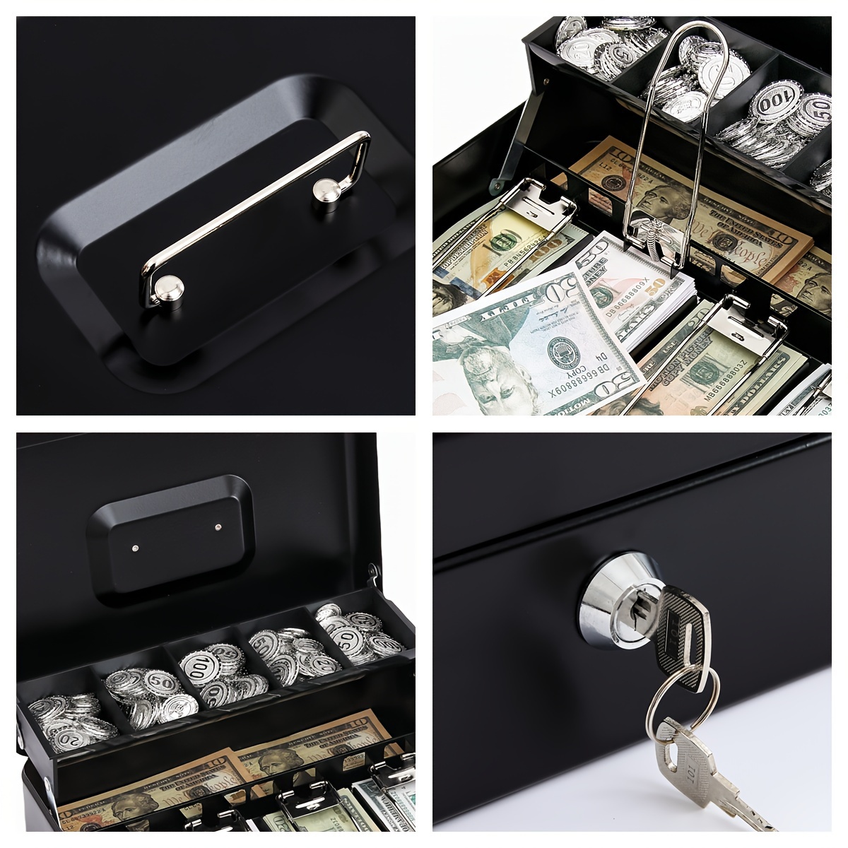  Sgorlds Caja de dinero grande con cerradura de llave y bandeja  de dinero, caja de dinero con bandeja para efectivo, caja fuerte con  cerradura para oficina y negocios, 11.8 x 9.5