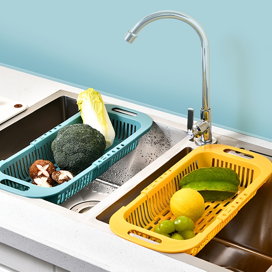 MineSign 2 Pack Collapsible Colander Fruits and Vegetables Drain Basket  Adjustable Strainer Over the Sink for Kitchen (Blue)