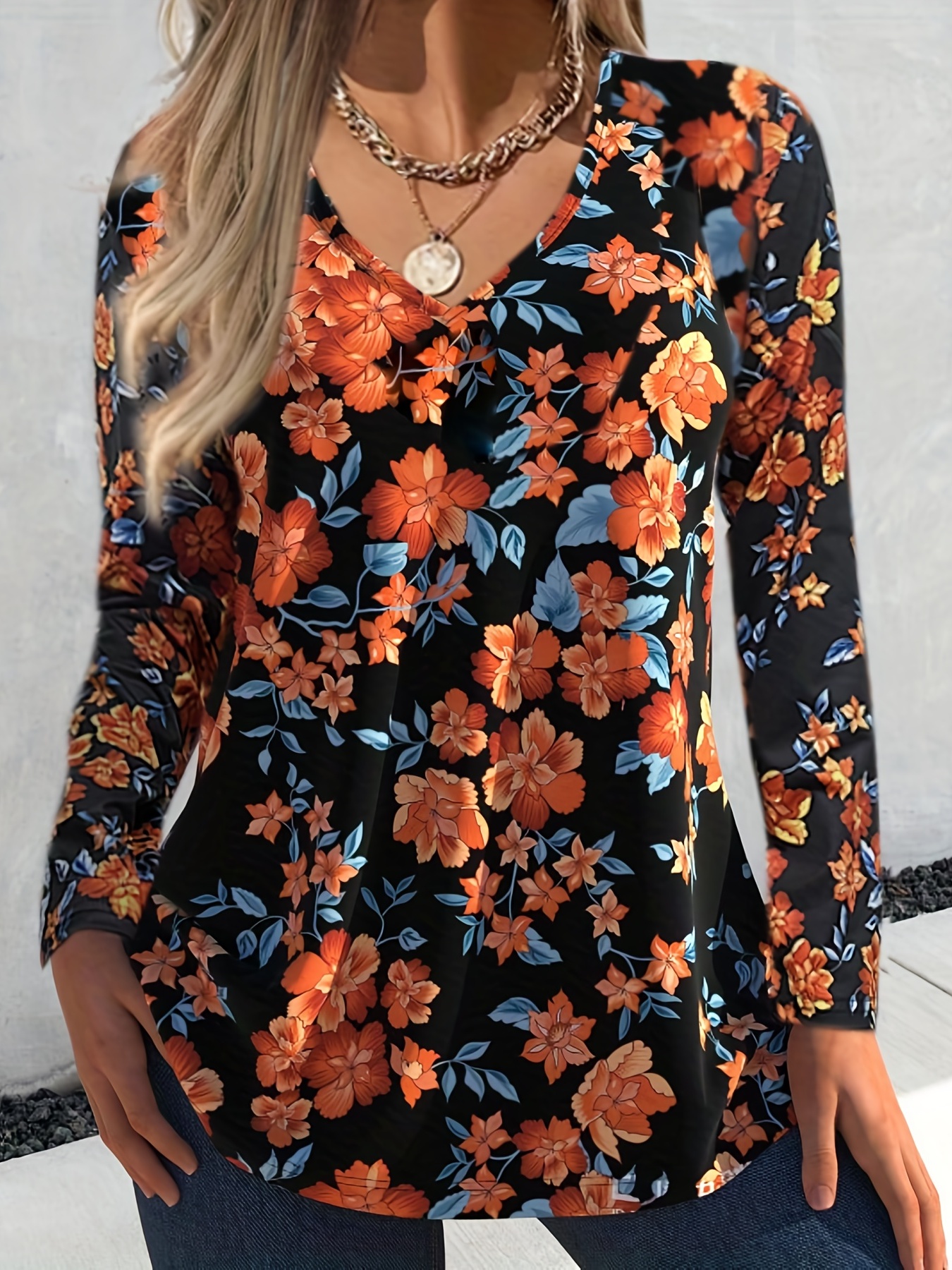 Plus Size Casual Top Women's Plus Floral Print Long Sleeve V - Temu