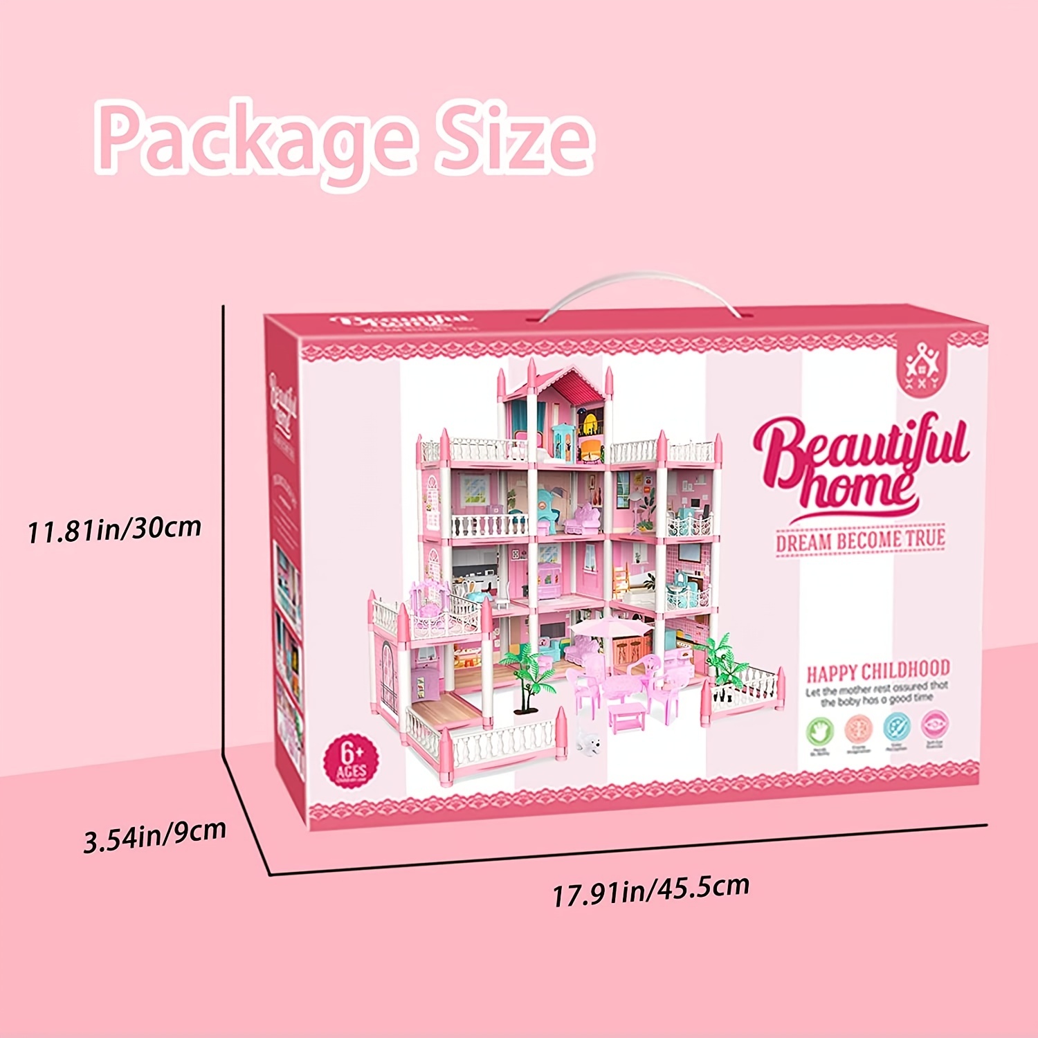 deAO Doll House Dollhouse - 3 Story 9 Rooms Pink DIY Pretend Play Building  Playset, Dollhouse Asseccories and Furniture,Gift for 6 7 8 9 Girls Toddler