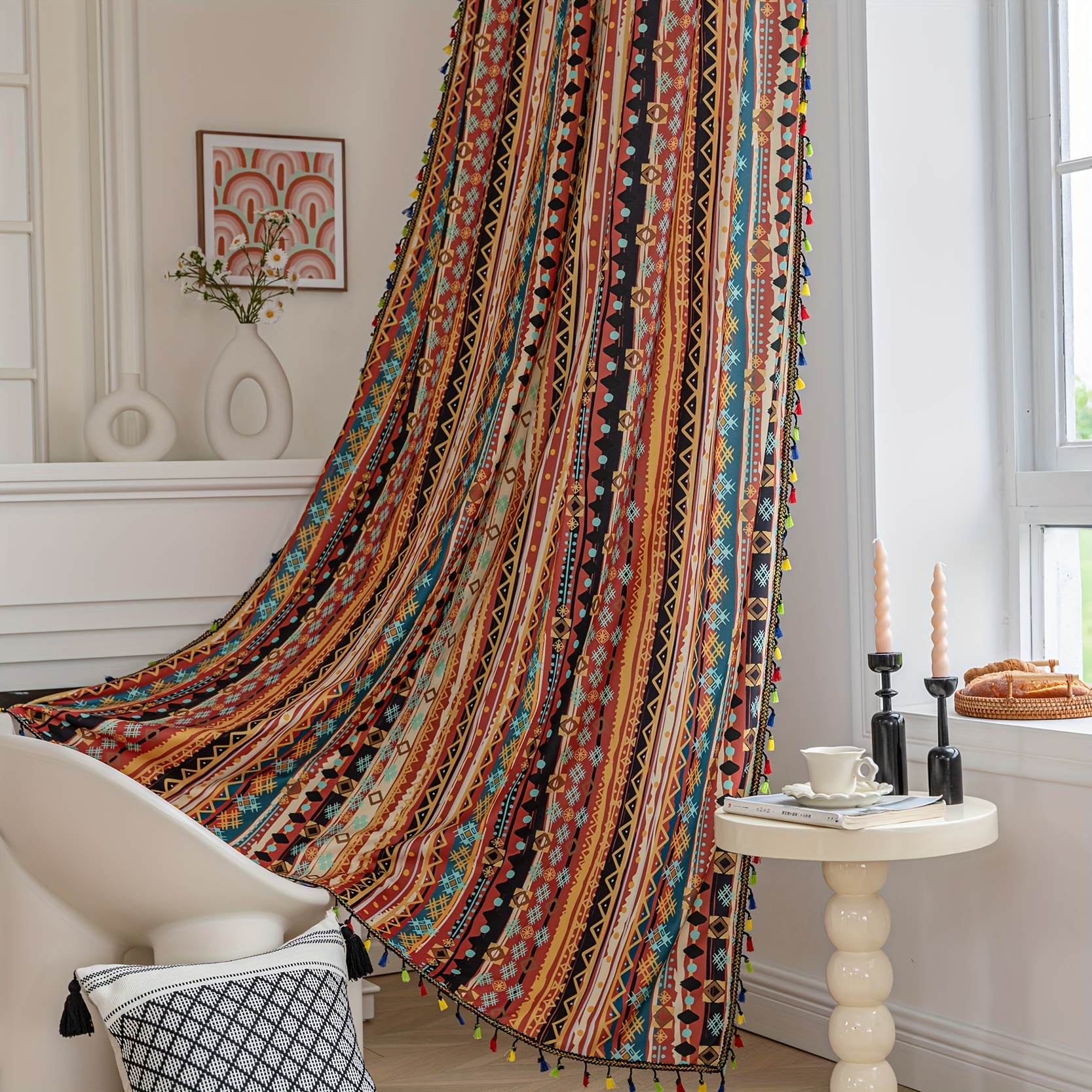 

2pcs Farmhouse Multicolor Boho Curtains Chic Colorful Striped Tassels Curtain Sunshade Anti-spy Privacy Protection Curtains For Bedroom Indoor Living Room Restaurant Bar Party Playroom Dorm Home Decor