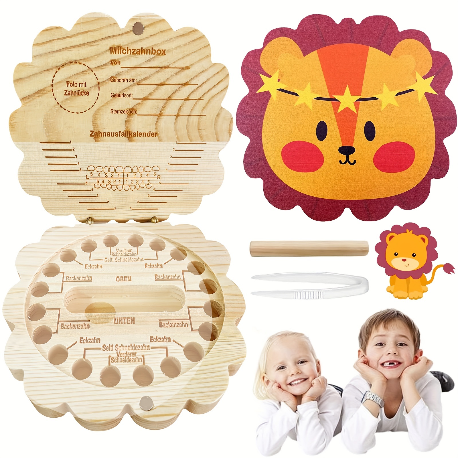  Caja de dientes de bebé, organizador de recuerdos de madera  para niños para dientes de bebé, lindo contenedor de dientes para niños con  pinzas y botella lanugo para mantener el recuerdo