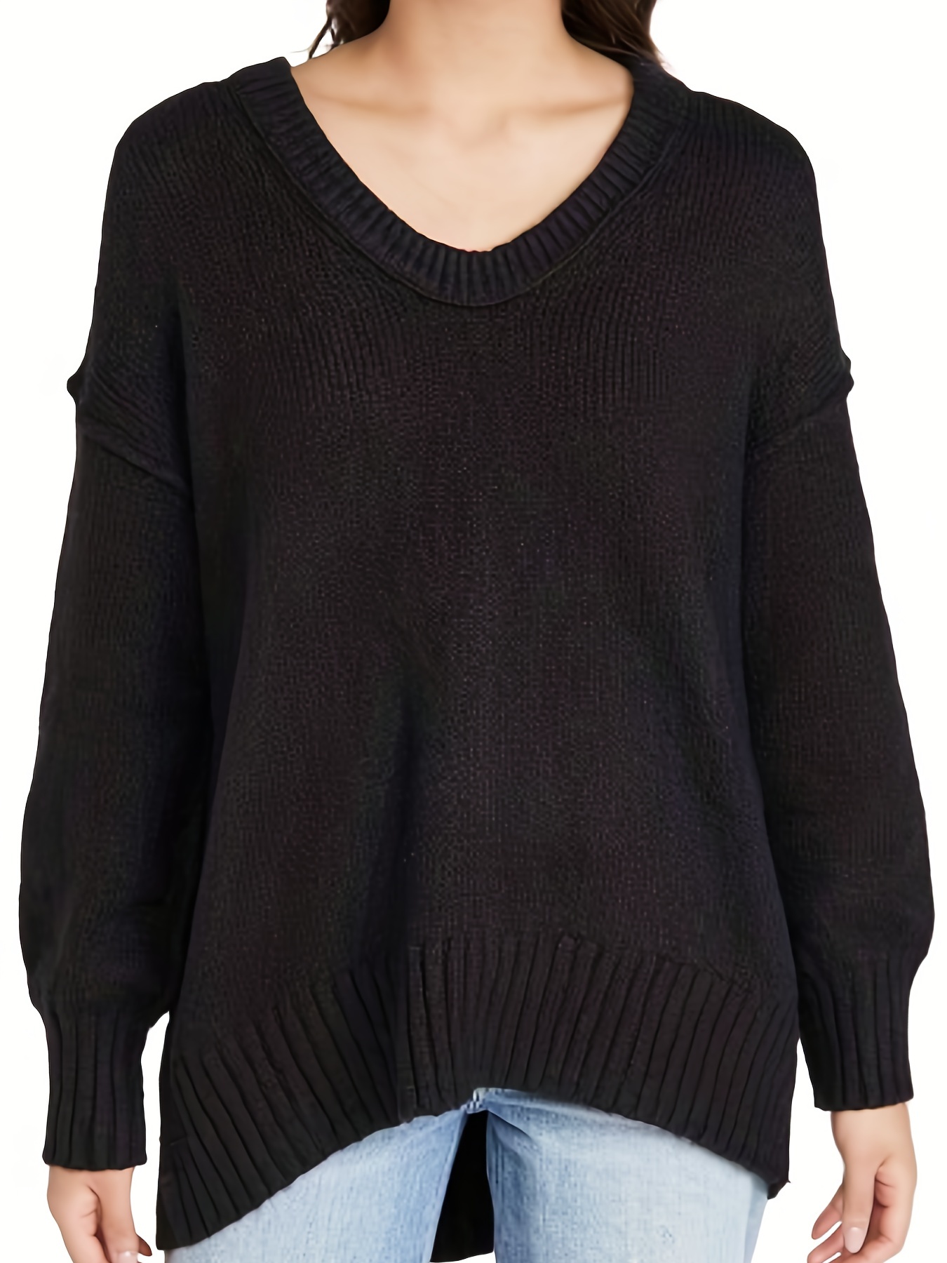 Crew Neck Rib Knit Sweater Casual Drop Shoulder Oversized - Temu