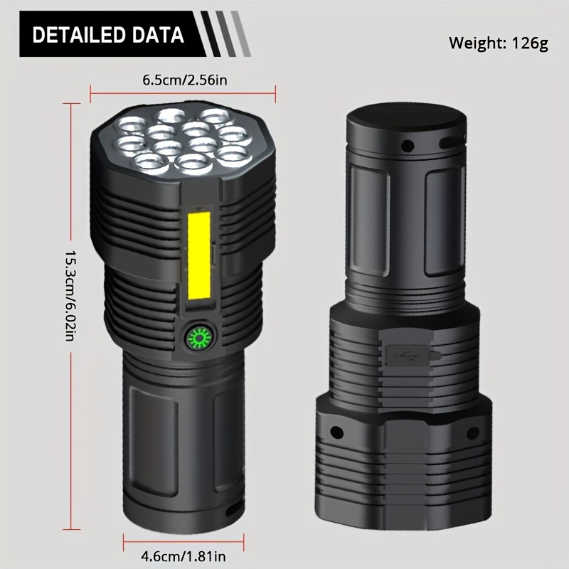 12 LED Flashlight Cob Side Light USB Rechargeable Strong Light Flashlight Waterproof Outdoor Household Portable Long-range LED Torch Light Hiking C