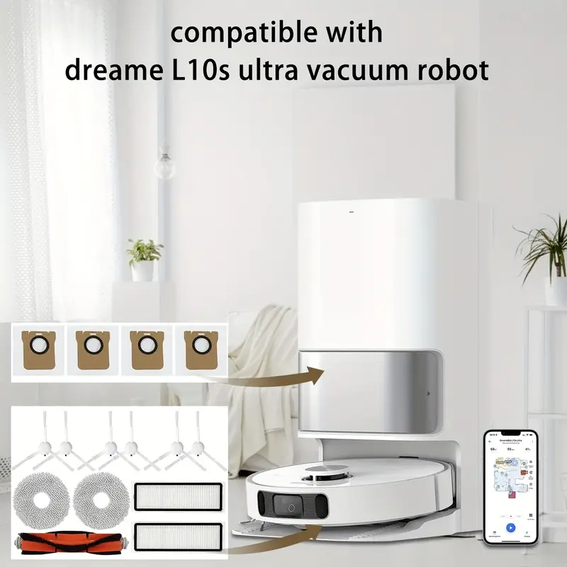 15 Pieces Accessories For Dreame L10s Ultra L10 Ultra Robot Vacuum Cleaner,  1 Main Brush, 2 Cloths, 2 Filters, 6 Side Brushes, 4 Vacuum Cleaner Bags C