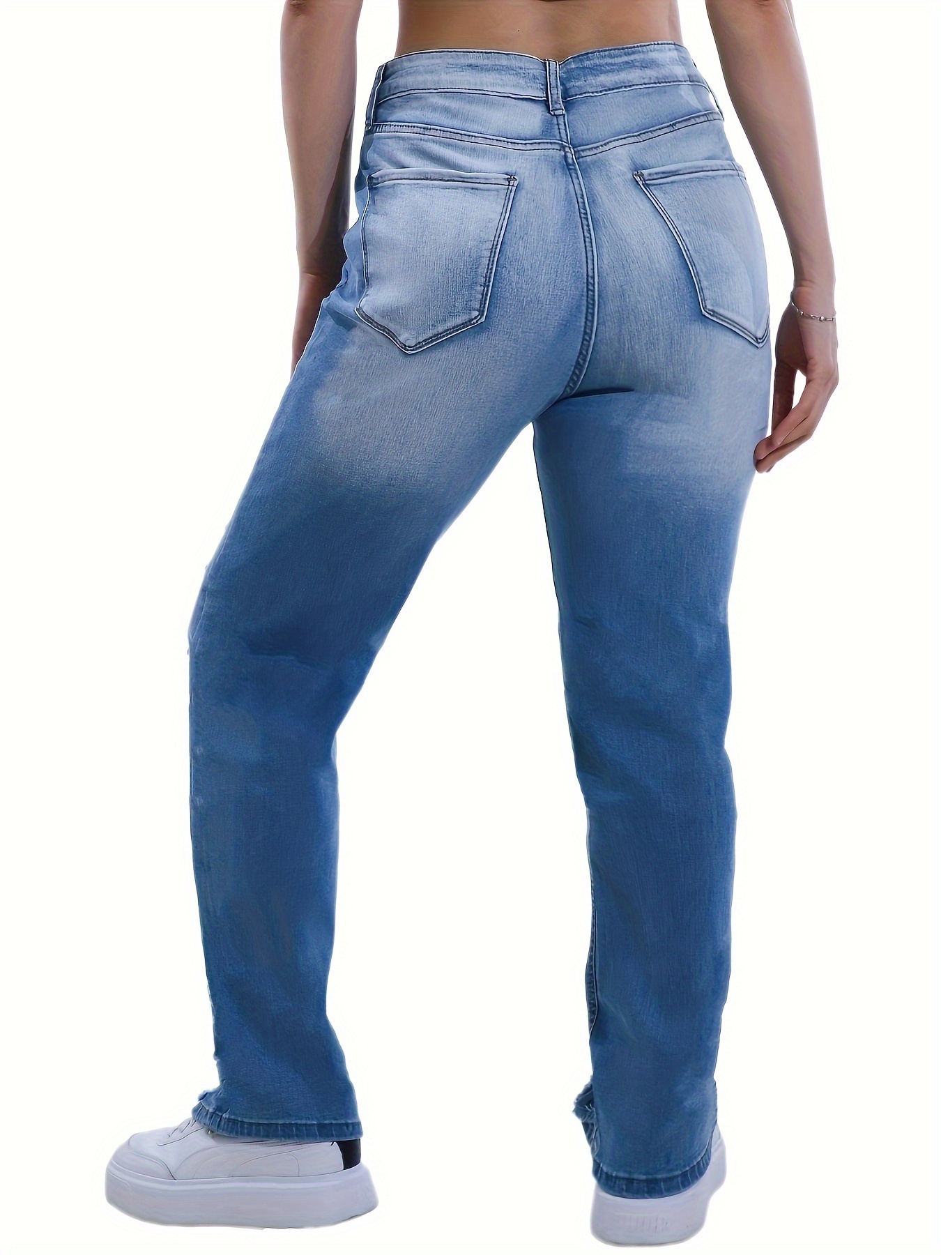 Plus Size Casual Jeans, Women's Plus Washed Button Fly High Stretch  Straight Leg Jeans With Flap Pockets