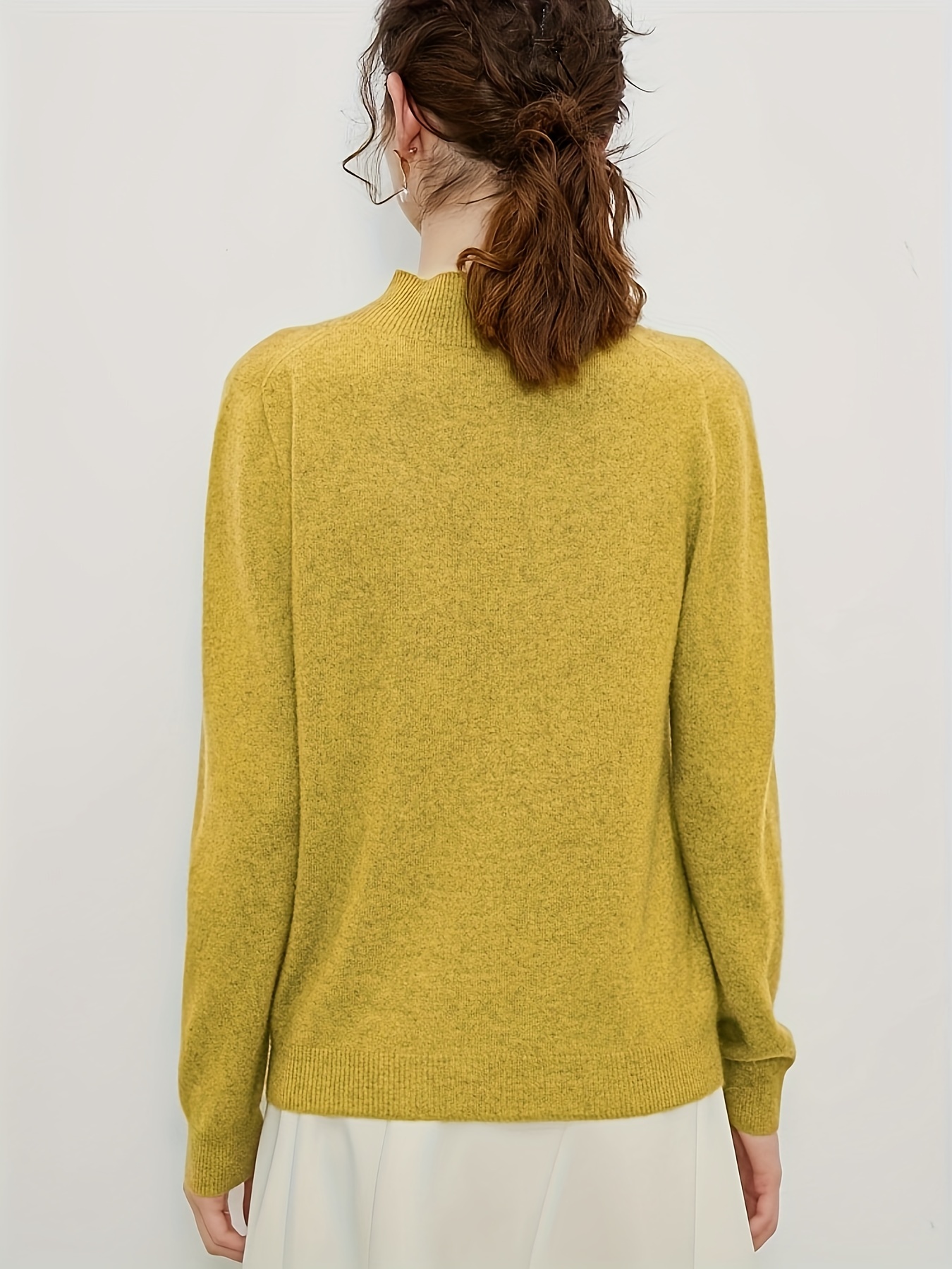 solid mock neck knitted top versatile long sleeve slim sweater womens clothing turmeric 1