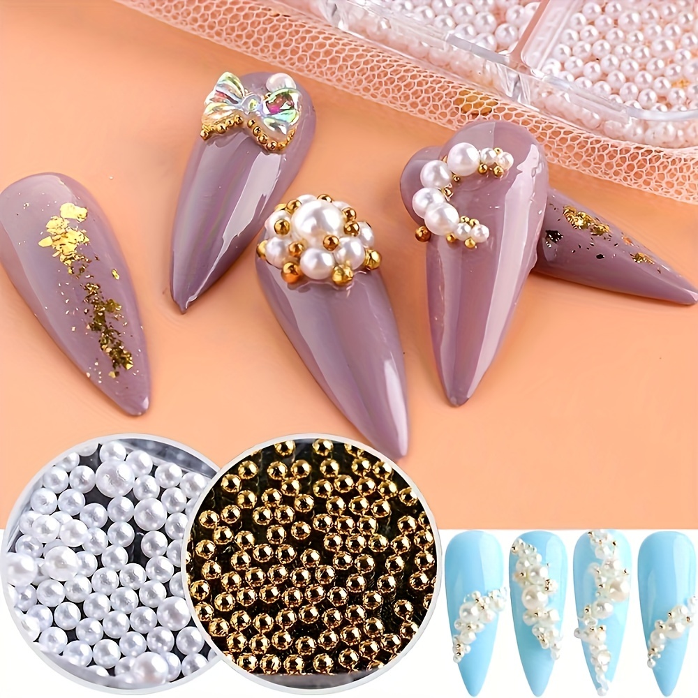 White Camellia Flowers Gold Nail Beads Rhinestones Nail Art Decoration  Manicure