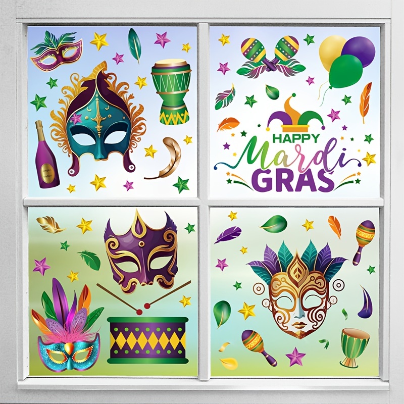 9 Sheets Mardi Gras Window Clings Static Stickers Decal For Wall Glass Car Mardi  Gras Party Carnivel Masquerade Decoration