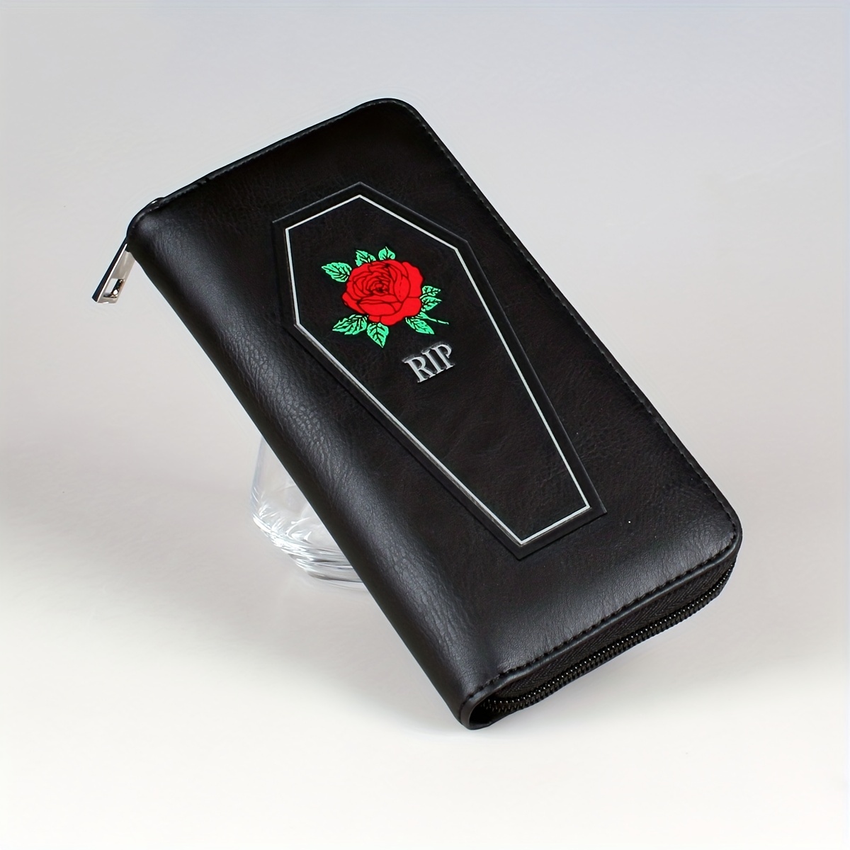 Coffin & Rose Pattern Long Wallet, Gothic Zipper Around Coin Purse,  Halloween Large Capacity Purse
