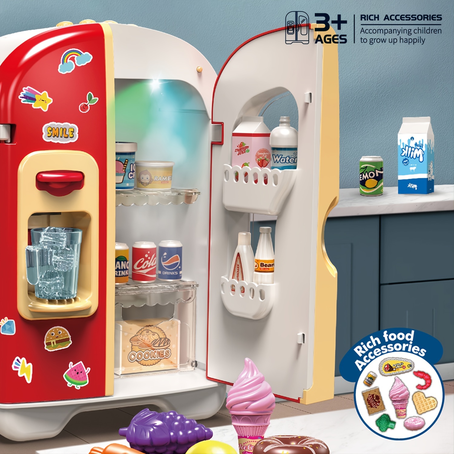 Kitchen Toys Fridge Refrigerator With Ice Dispenser Pretend Play Appliance  For Kids Play Kitchen Set With Kitchen Playset Accessories For Boys Girls  Music And Light, 24/7 Customer Service