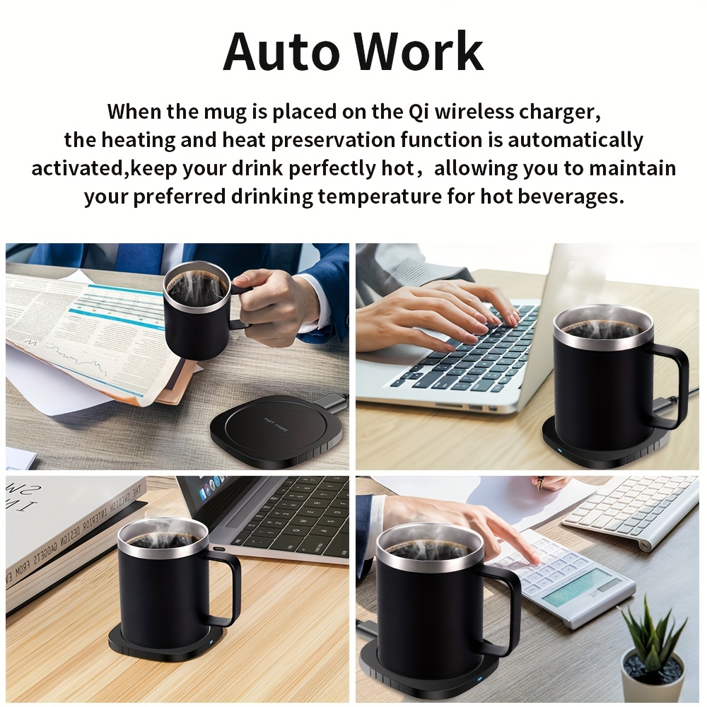 Self Heating Mug with Double-Layer 18/8 Stainless Steel,Smart Heated Coffee  Mug,12oz Coffee Mug Warmer Set,131℉ Beverage Cup Warmer for Desk Home 