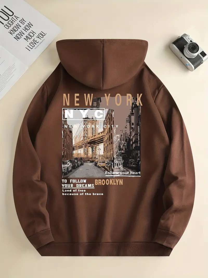 NYC Brooklyn Graphic Print Hoodie, Cool Hoodies For Men, Men's Casual  Graphic Design Pullover Hooded Sweatshirt With Kangaroo Pocket Streetwear  For Wi