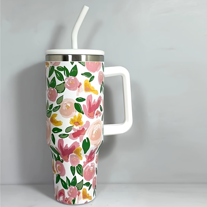 Flower Pattern Tumbler Lid Straw Stainless Steel Insulated - Temu