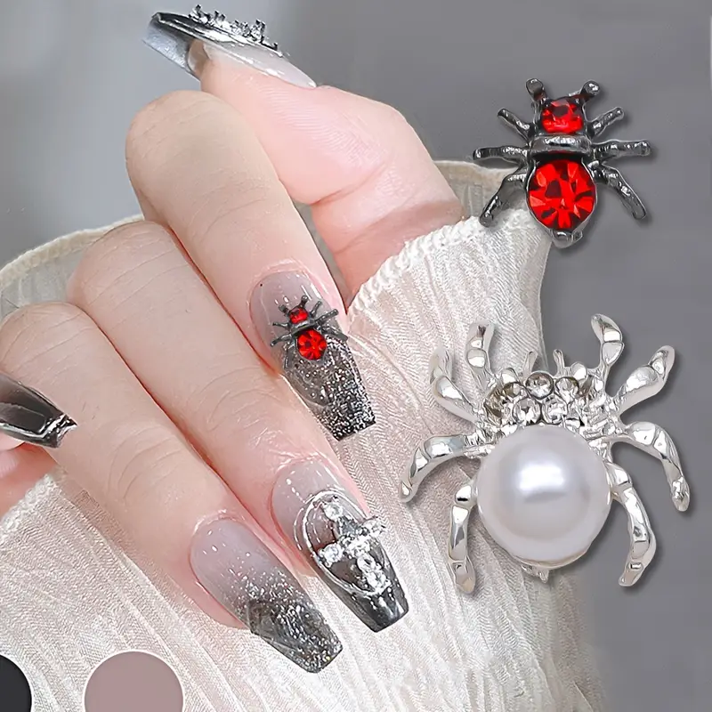 10pcs,Halloween Spider Nail Art Charms With Rhinestones/Pearls,3D Alloy  Nail Gem Art Jewelry DIY Nail Salons