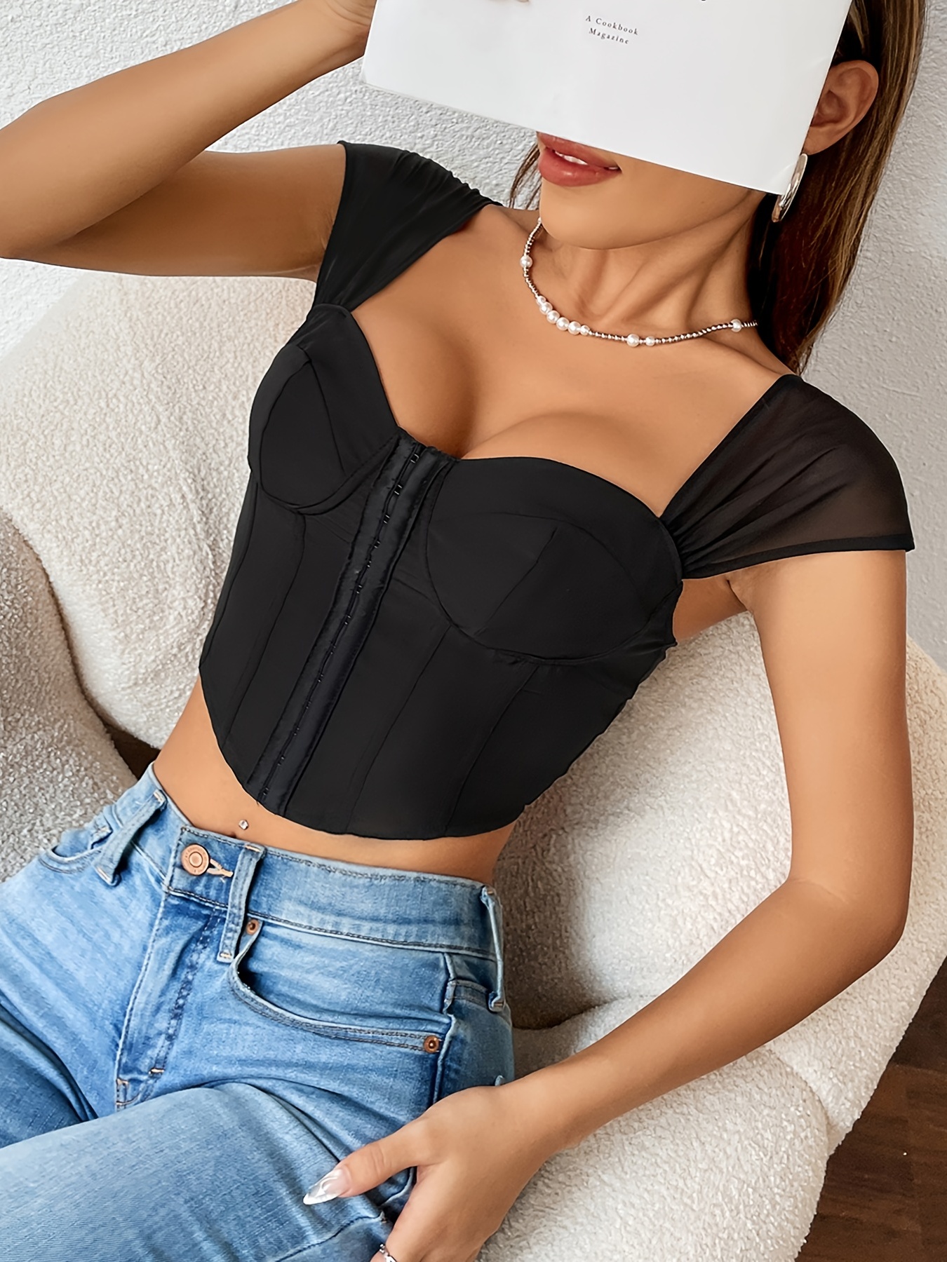 Mesh Stitching Corset Top, Sexy Solid Button Front Black Crop Top, Women's  Clothing