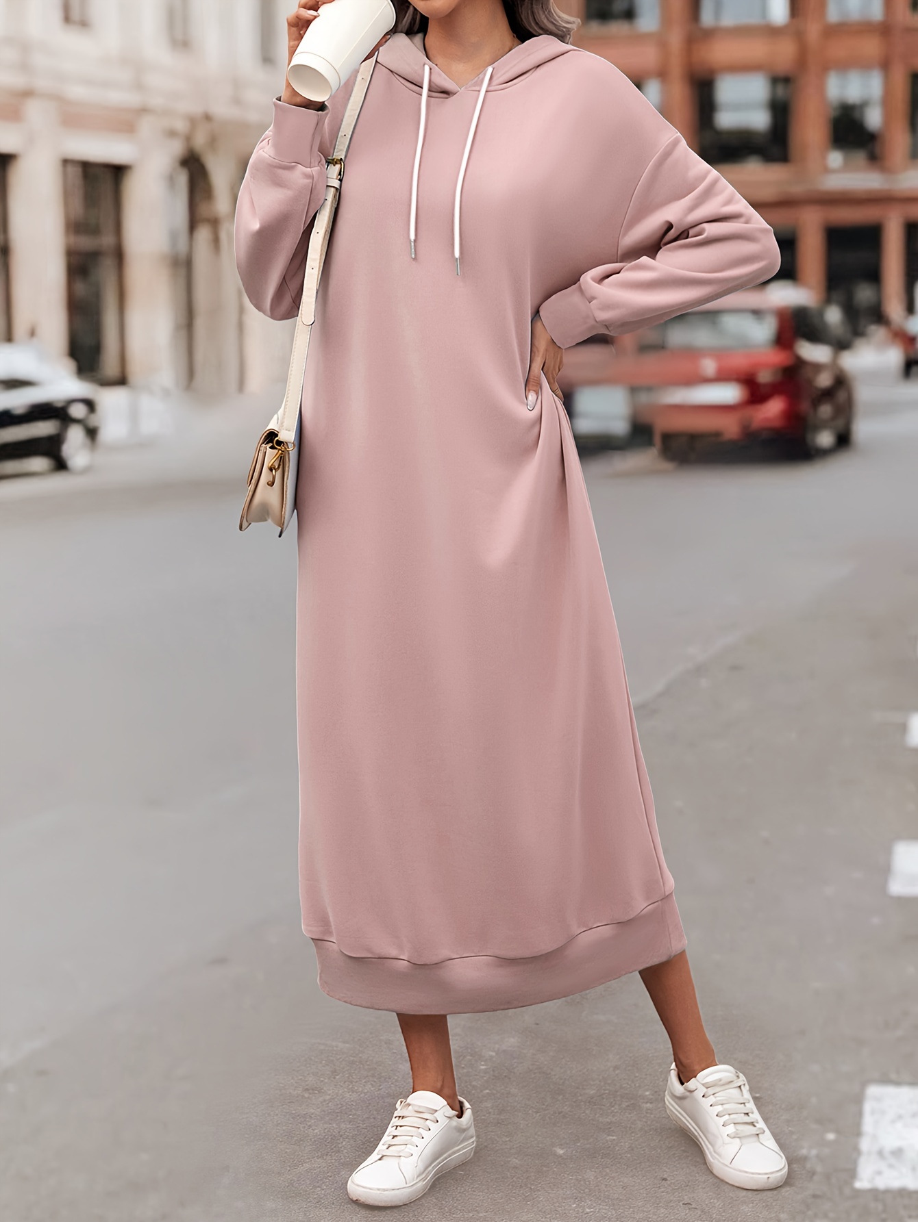 Drawstring Hooded Solid Dress Casual Long Sleeve Maxi Dress Temu