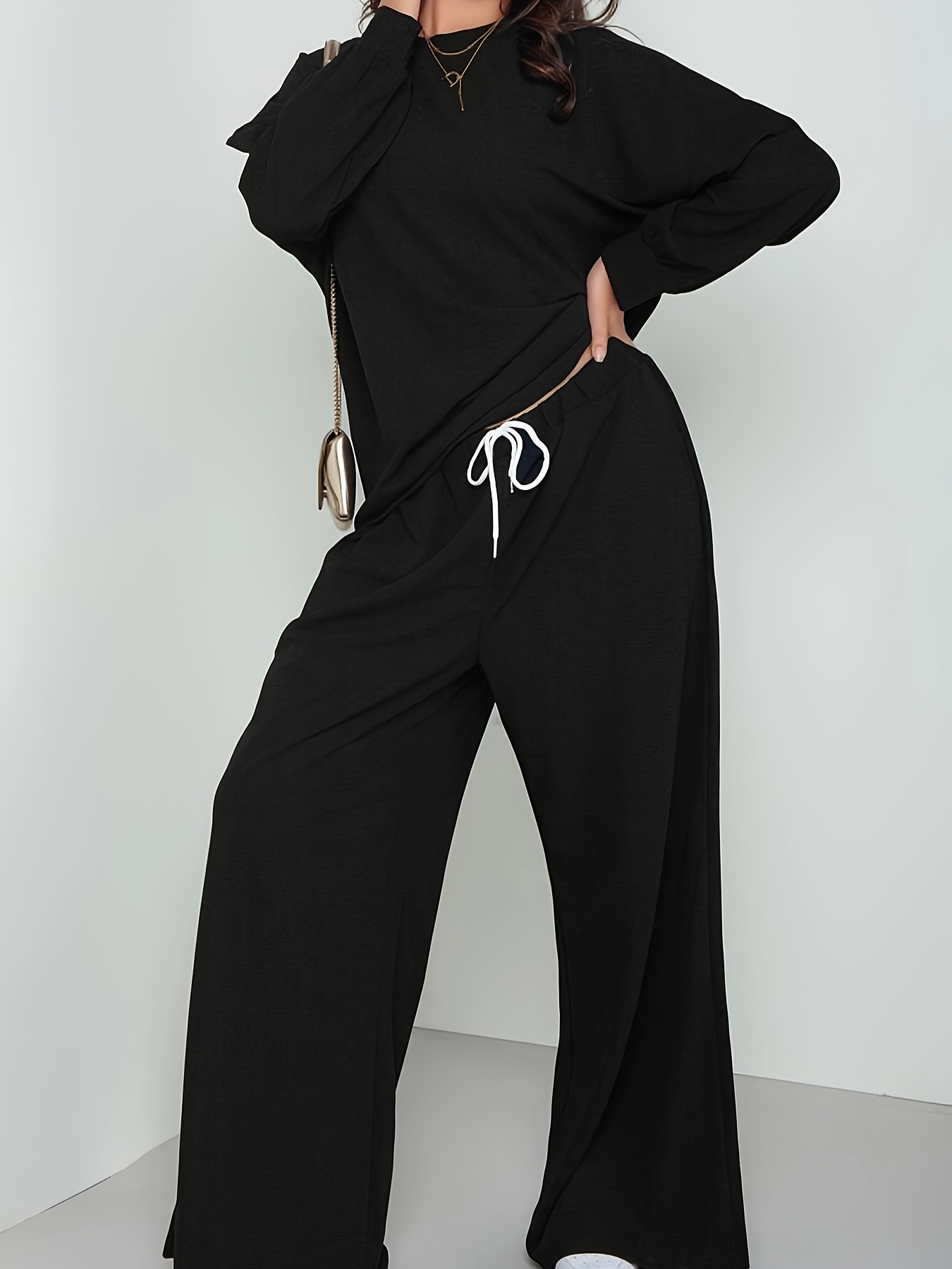 Plus Size Casual Outfits Two Piece Set, Women's Plus Solid Long Sleeve  Round Neck Crop Top & Wide Leg Pants Outfits 2 Piece Set