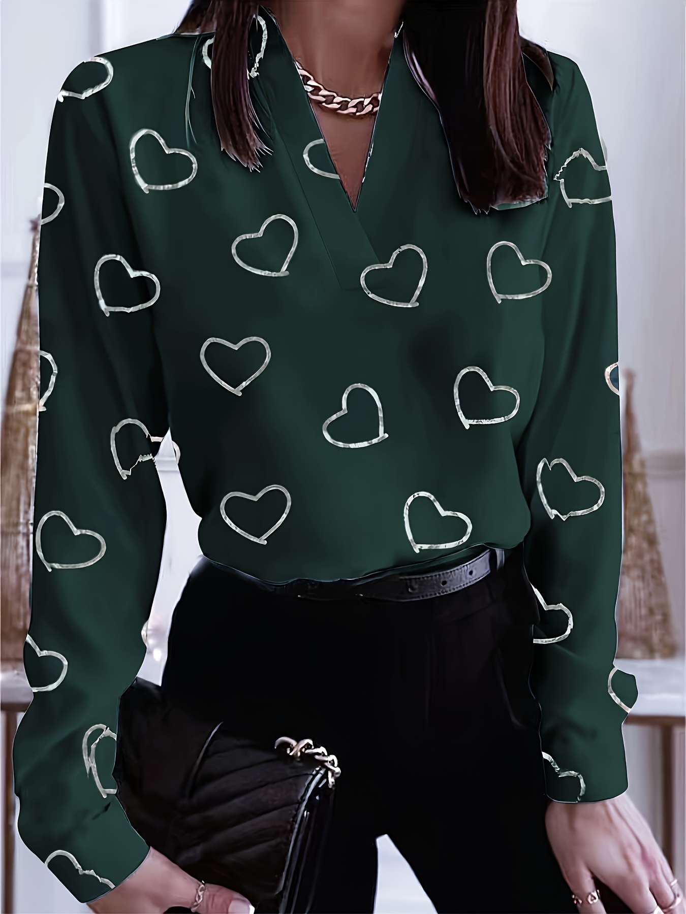 Heart Print V Neck Blouse Elegant Long Sleeve Versatile - Temu