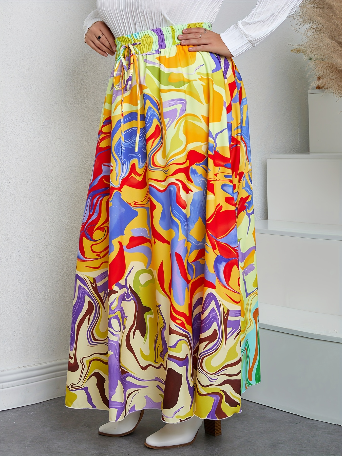 Plus Size Boho Skirt Women's Plus Marble Print Drawstring - Temu