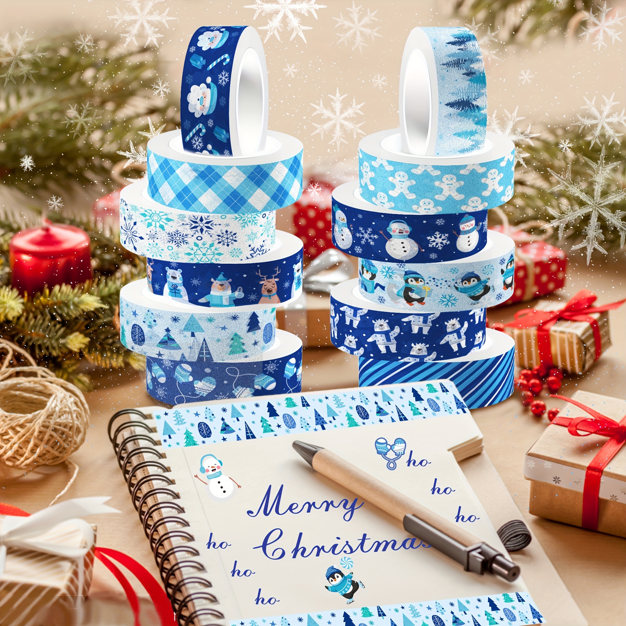 12 Rolls, Winter Washi Tape Blue White Holiday Washi Masking Tape Snowflake  Xmas Tree Snowman Reindeer Patterned Decorative Tape For Scrapbook Journal