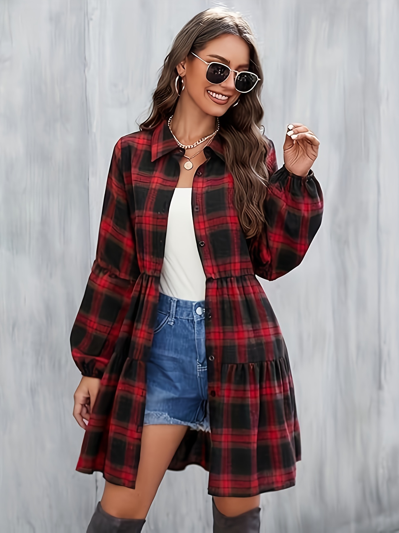 Women's Red Black Checkered Shirt Dress with Elastic Waist Pockets  Long Sleeve Button-Up Collar Casual Vacation Dress Machine Washab