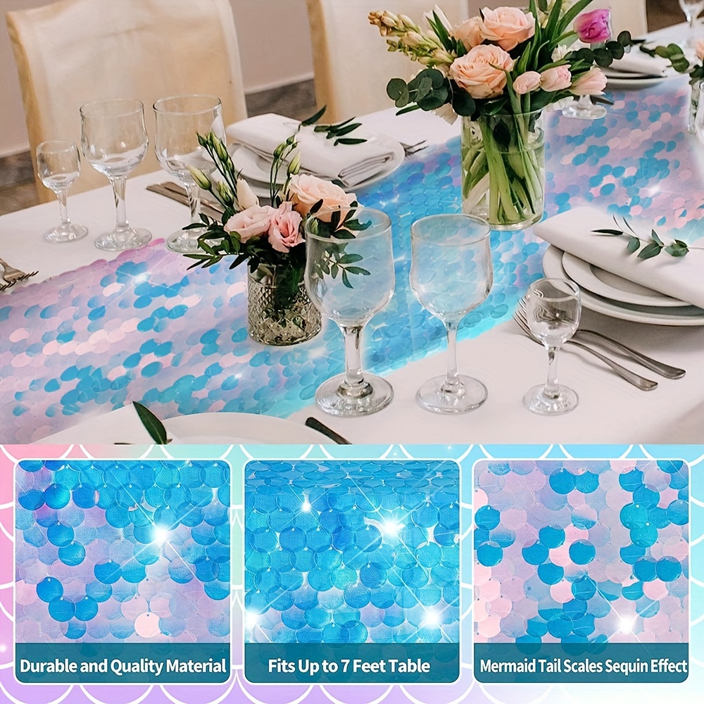 1pc, Polyester Table Runner, Mermaid Party Table Runner, Mermaid Tail  Scales Table Runner, Glitter Holographic Sequin Table Cover, For Ocean  Under The