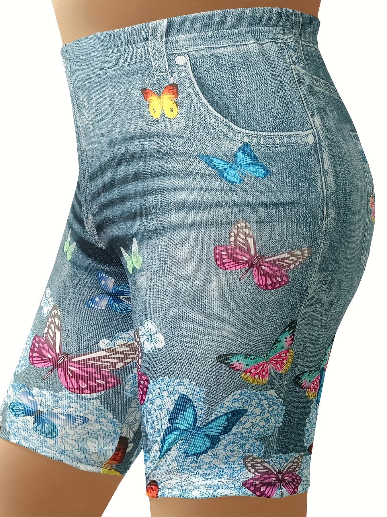  FUAIOKT Womens Stretchy Fake Denim Shorts Knee Length Butterfly  Floral Print Bermuda Short Jeans Plus Size Casual Leggings : Clothing,  Shoes & Jewelry
