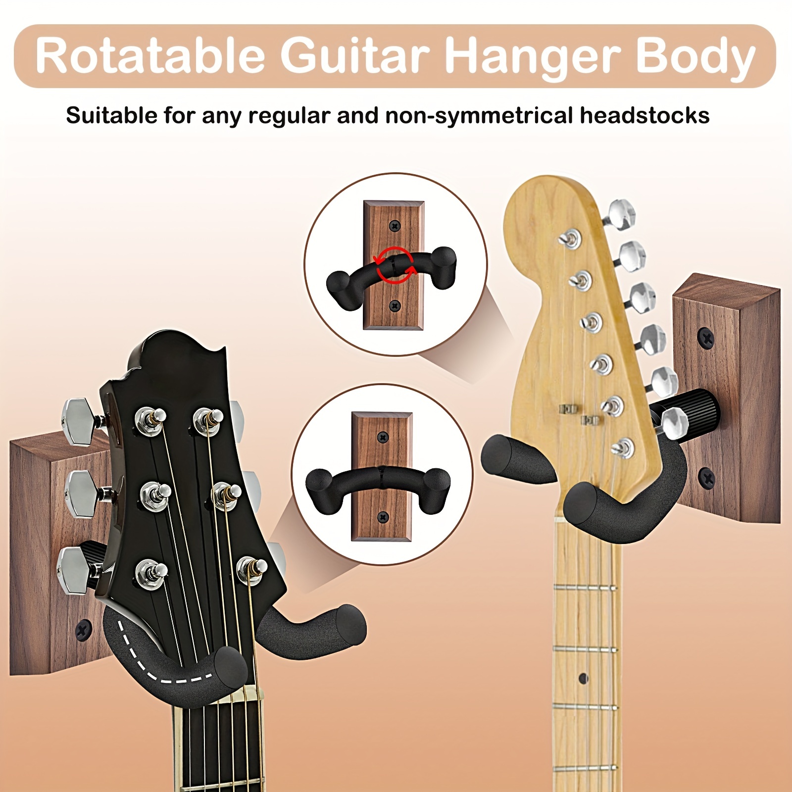 Guitar Wall Mount 3 Pack, Guitar Hanger with Rotatable Soft Hook for All  Size Guitars, Black Walnut Hardwood U-Shaped Guitar Holder Wall Mount for  Aco
