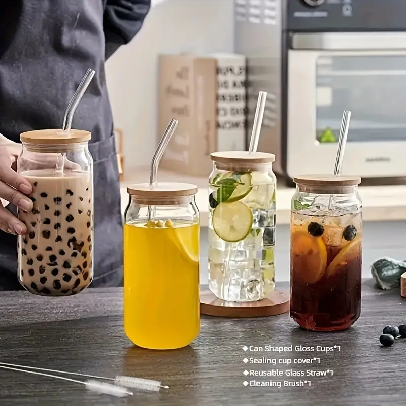 Drinking Glass With Bamboo Lid And Straw, High Borosilicate Glass Can  Shaped Water Cup, Iced Coffee Cup, For Beer, Juice, Milk, Birthday Gifts,  Drinkware - Temu