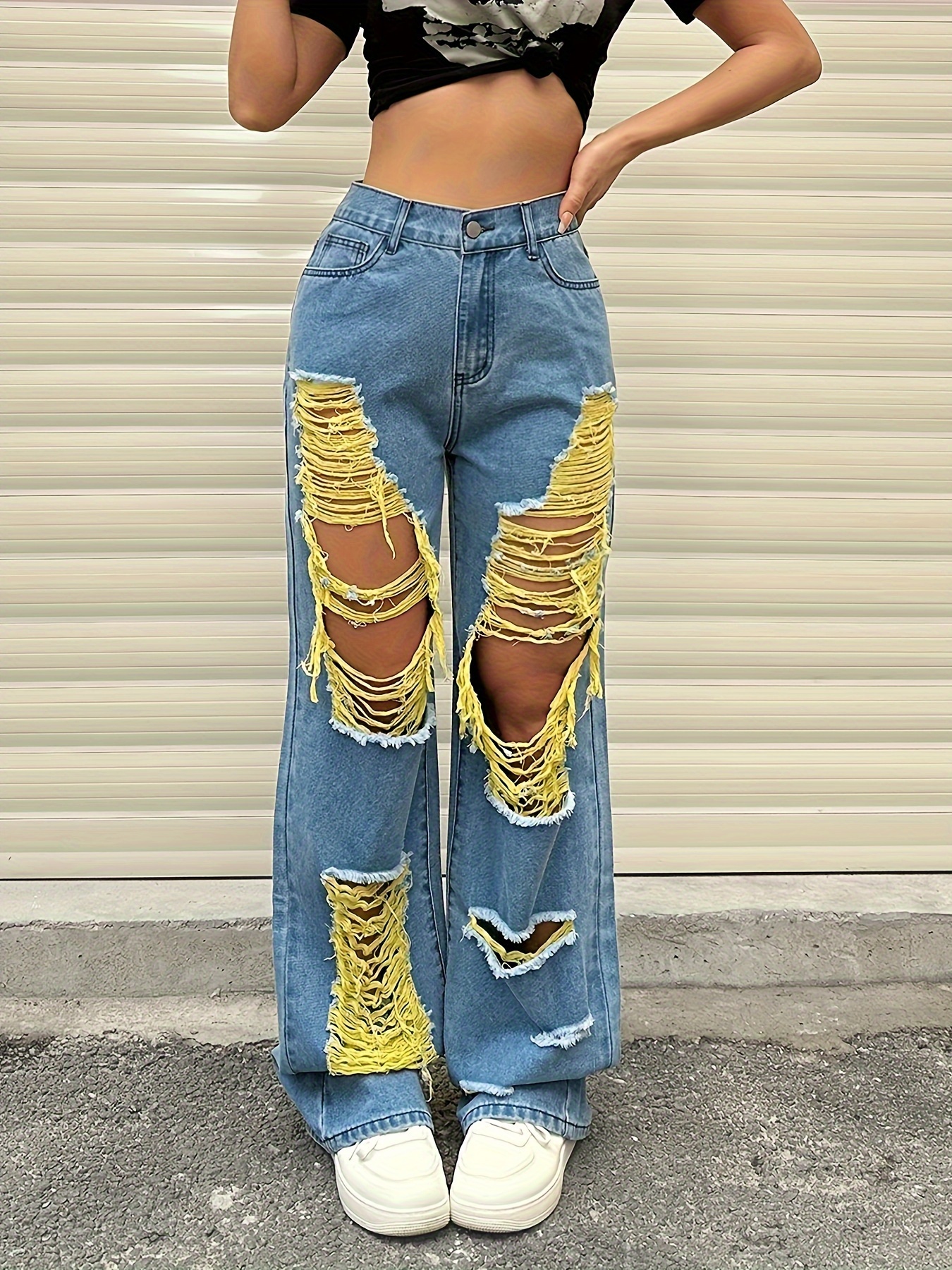 Ripped Holes Washed Straight Jeans, Loose Fit Non-Stretch Denim Pants,  Women's Denim Jeans & Clothing