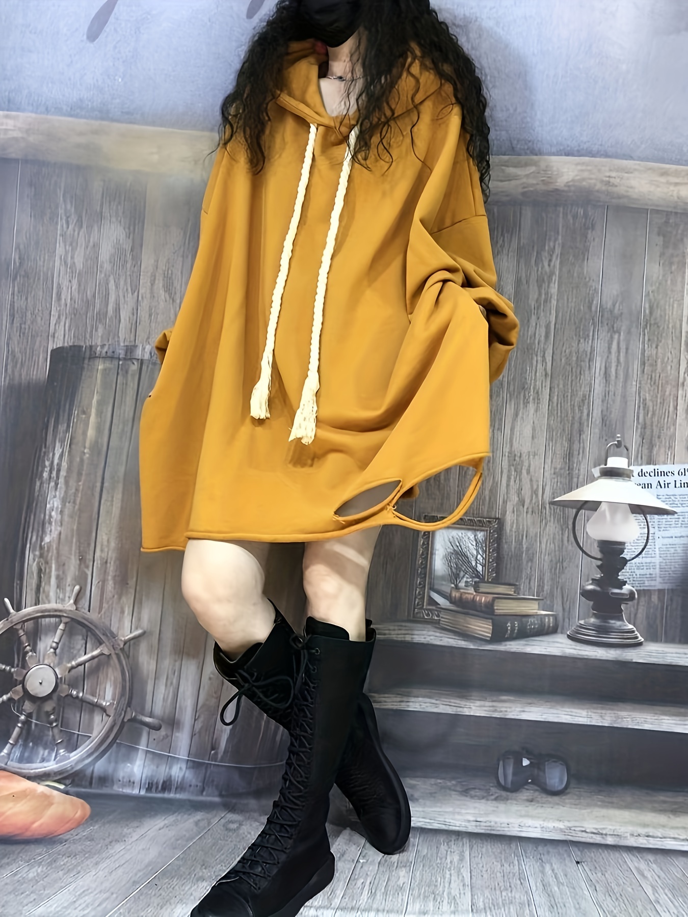 Solid Color Oversized Ripped Hoodie Casual Long Sleeve - Temu