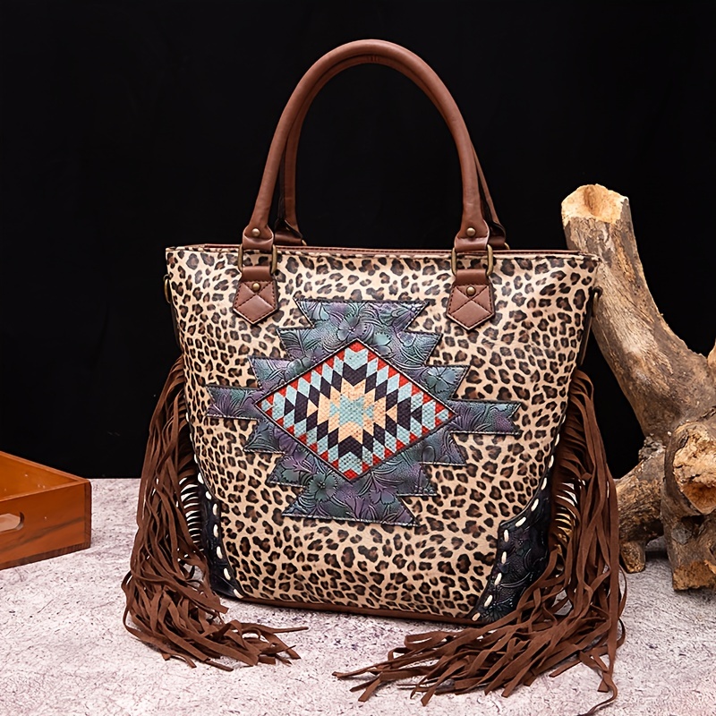 ETHNIC TASSEL PURSE, Native American Fringe Leather Bag, Leopard