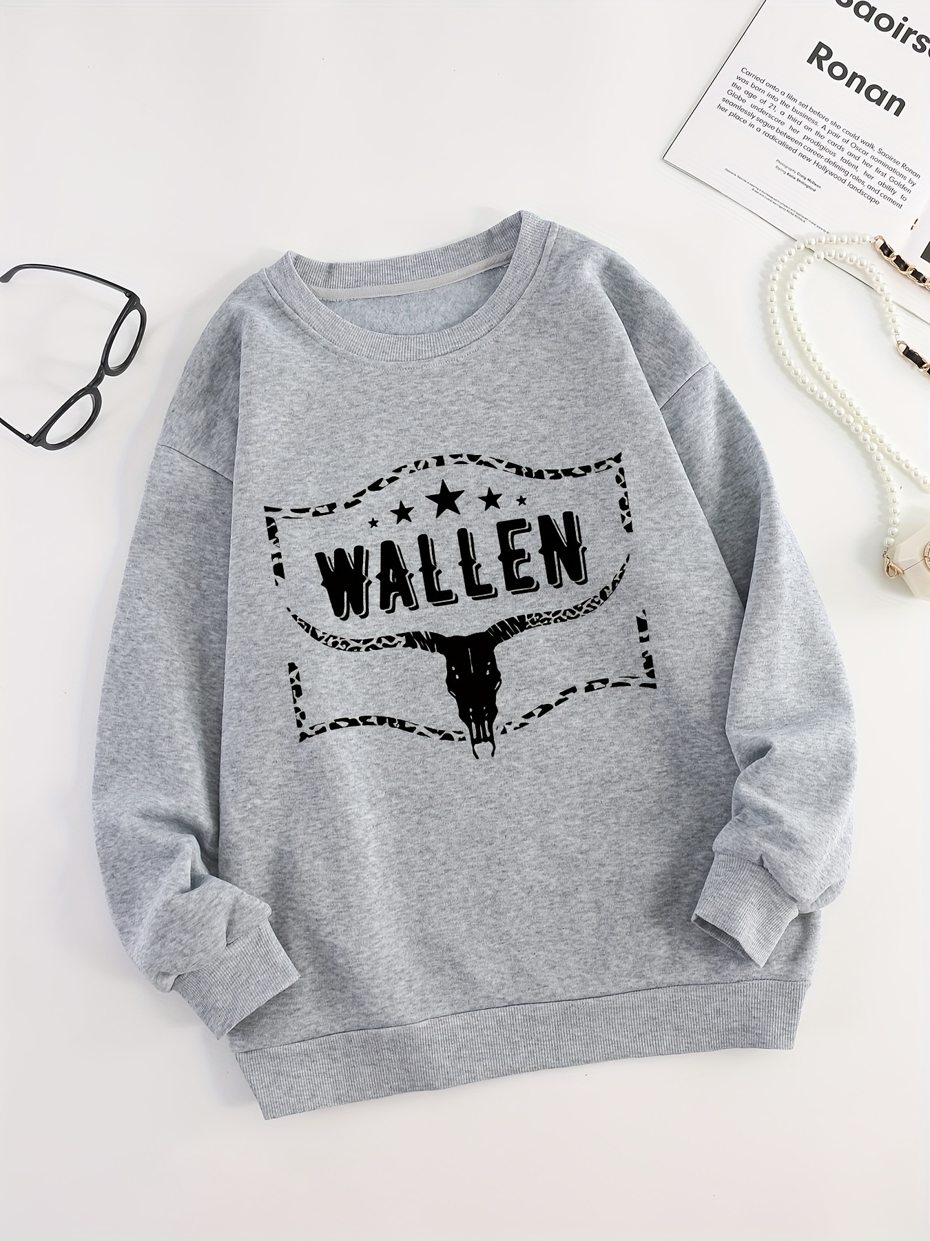 Cow Skull & Cowboy Print Pullover Sweatshirt, Casual Long Sleeve Crew Neck  Sweatshirt, Women's Clothing - Temu