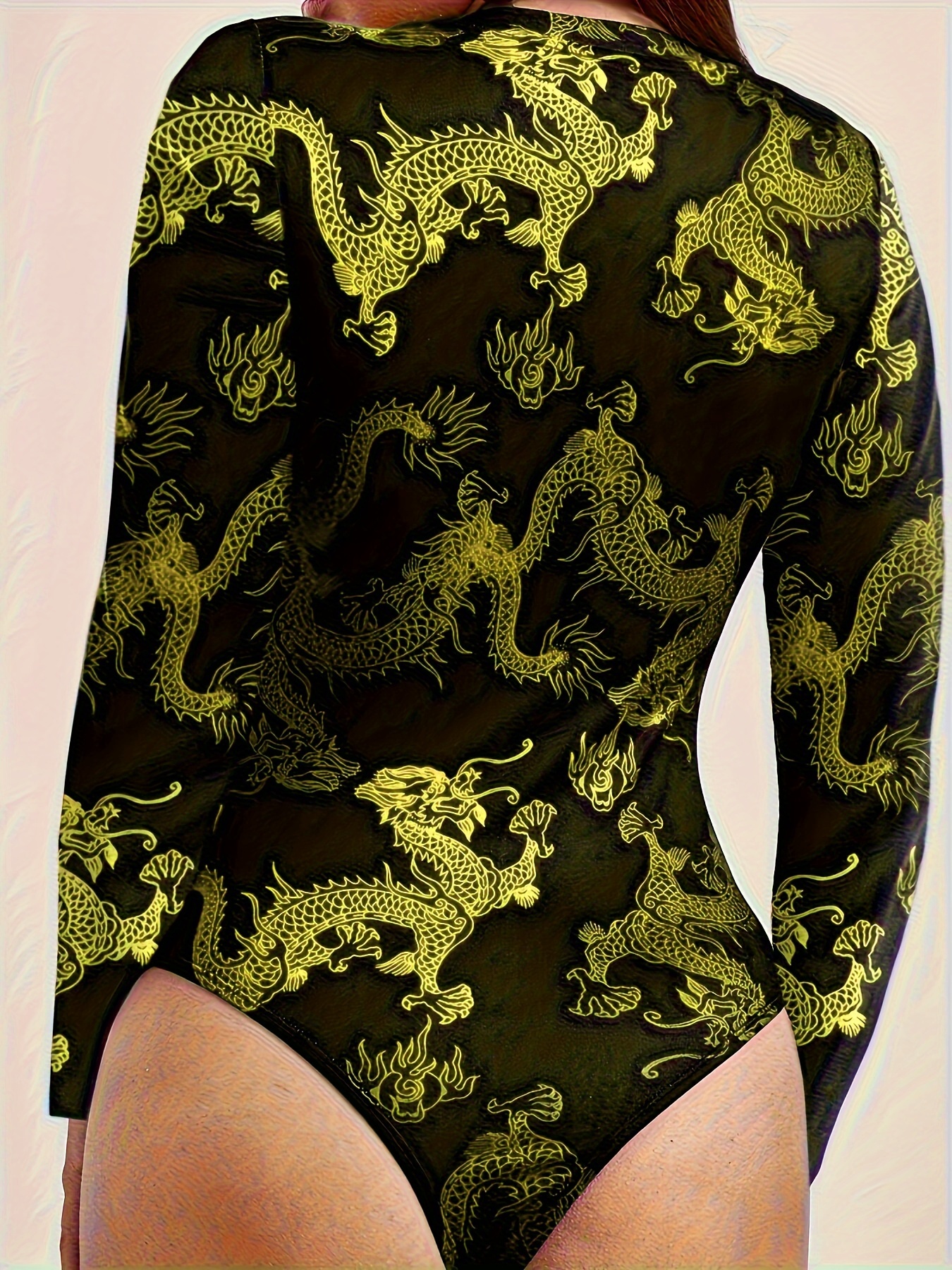 Dragon Print Mesh Sheer Bodysuit Sexy Long Sleeve Slim - Temu Canada
