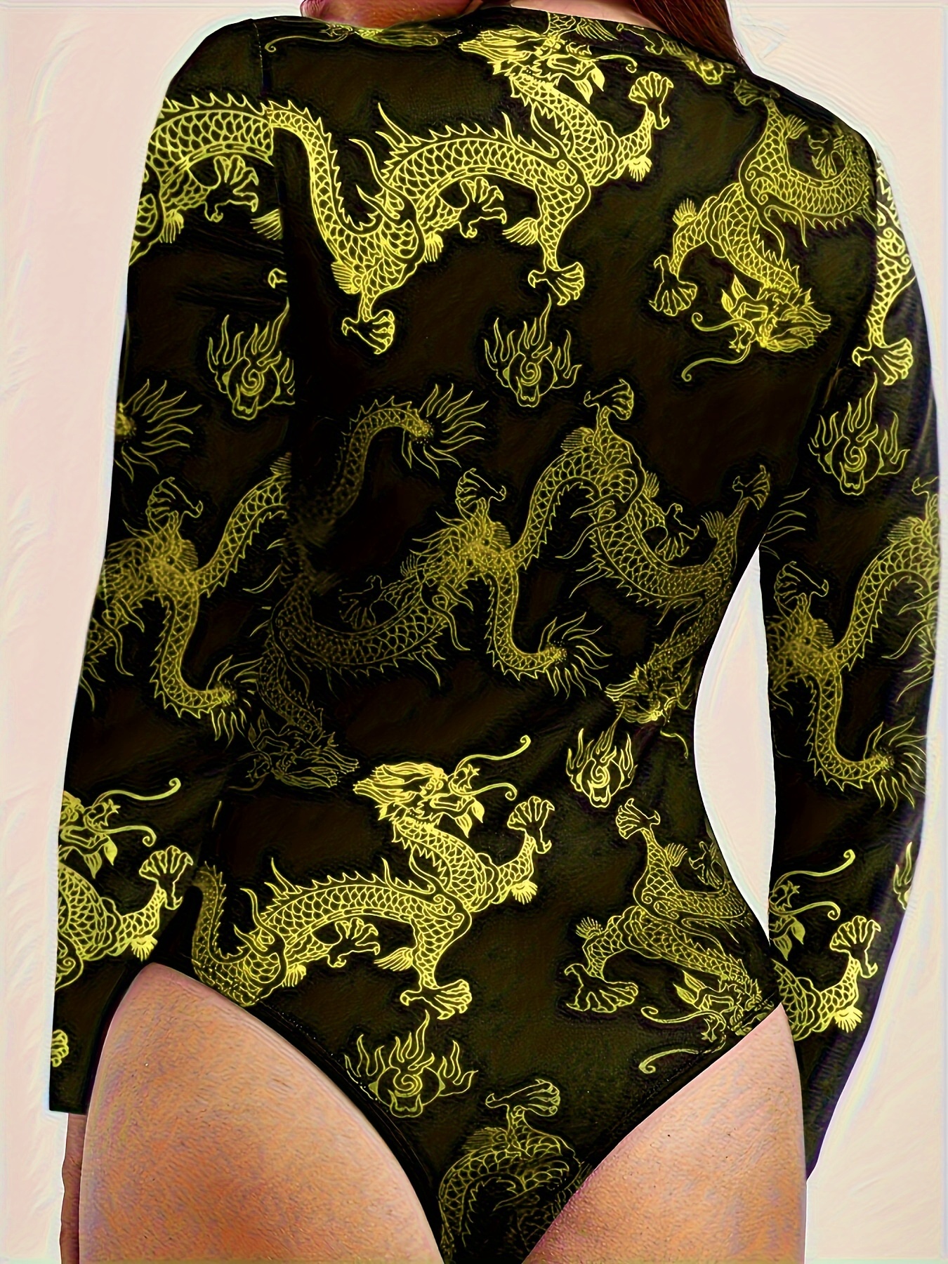 Dragon Print Crew Neck Bodysuit Casual Long Sleeve Slim - Temu