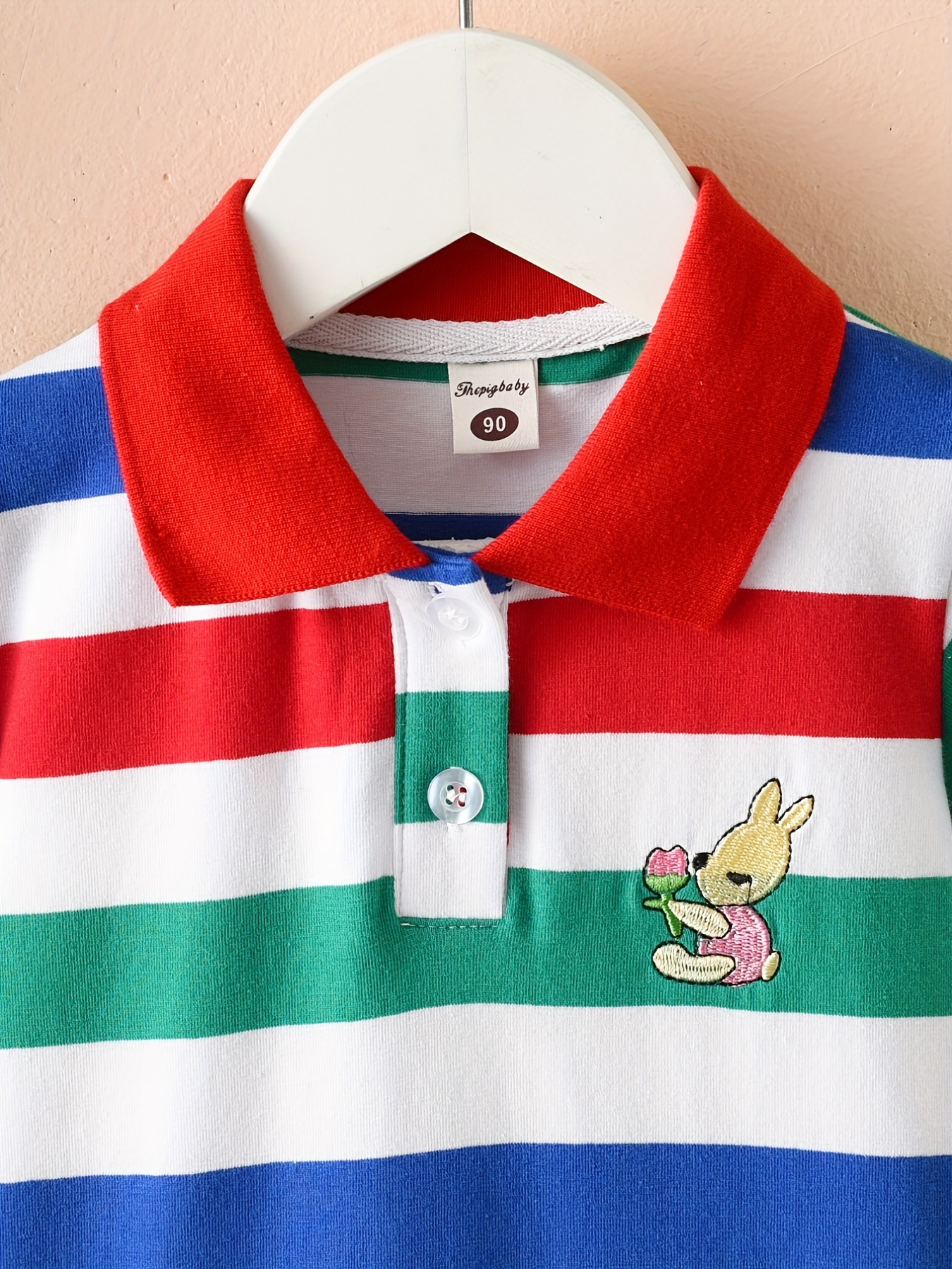 Girls Cotton Short Sleeves Rainbow Striped Rabbit Embroidery