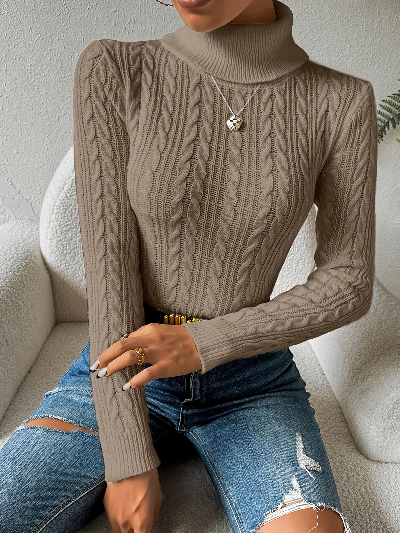 XFLWAM Turtleneck Sweater Women Oversized Cowl Neck Sweater Cable Knit Long  Sleeve Pullover Tops Orange L 