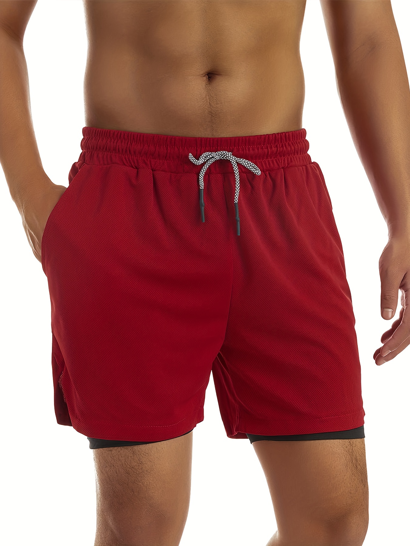 Men's Two Layers Gym Running Shorts With Pockets, Active Quick Dry Mid Stretch Breathable Durable Drawstring Workout Shorts For Summer Outdoor