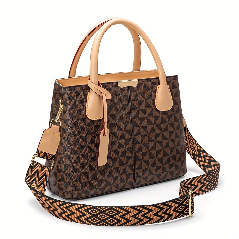 Classic Geometric Print Handbag, Luxury Crossbody Bag for Women, Fashion Office & Work Purse,Temu