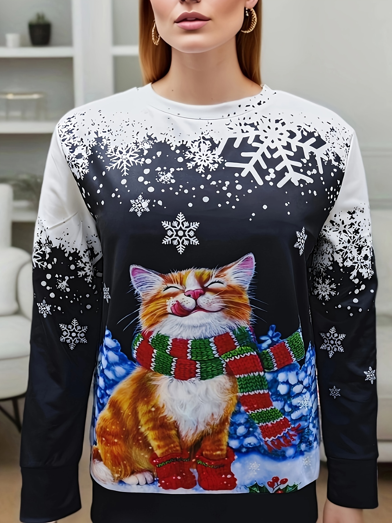 Womens Sweatshirt Fashion Casual Christmas Cat Printed Pattern O Neck  Long-Sleeved Warm Sweatshirt Sweaters Women Sleep Red, Red, 3X-Large :  : Clothing, Shoes & Accessories