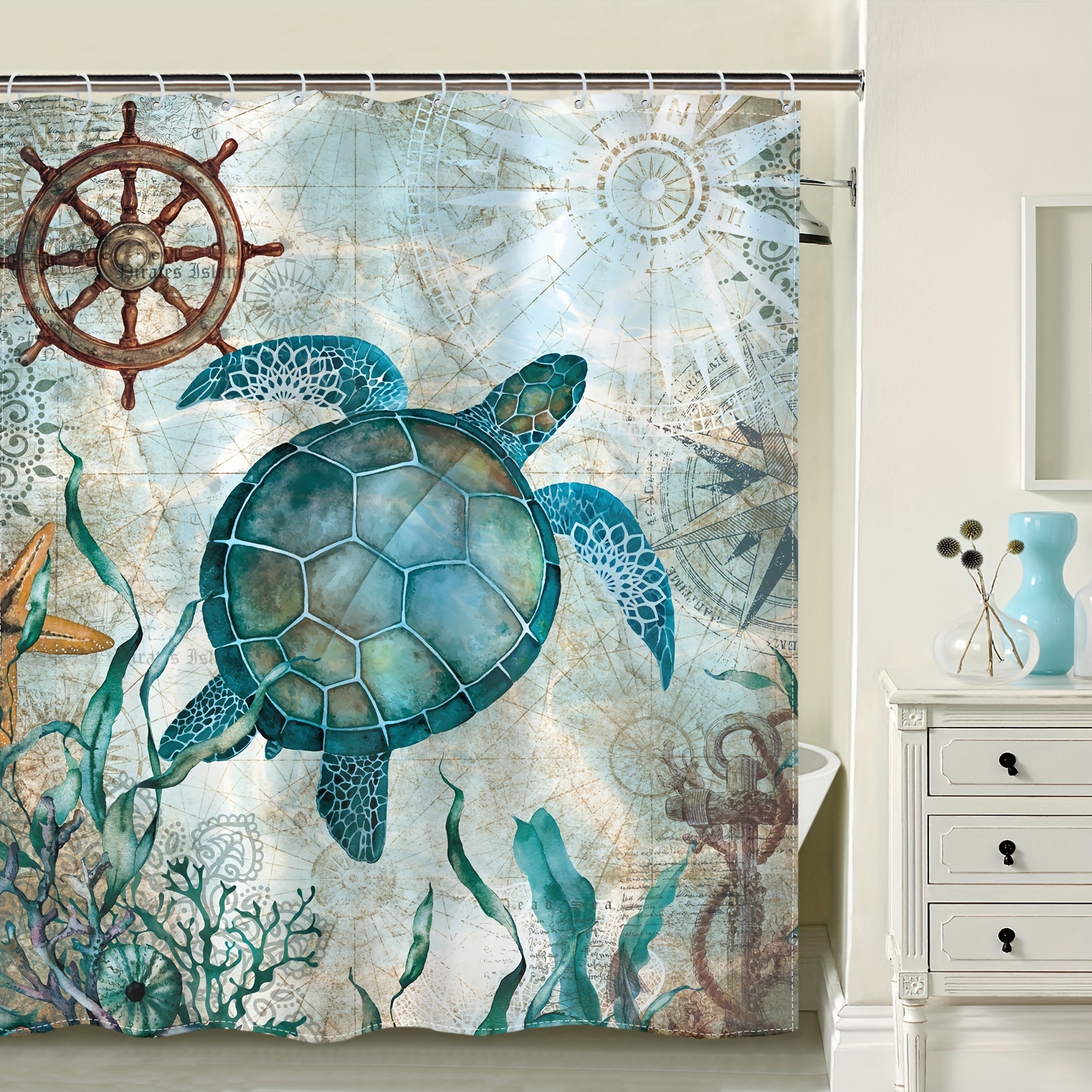 1pc Vintage Teal Turtle Shower Curtain, Mandala Nautical Map Marine Animal  Shower Curtain, Aquatic Plant Starfish Print Bathroom Decor, Waterproof